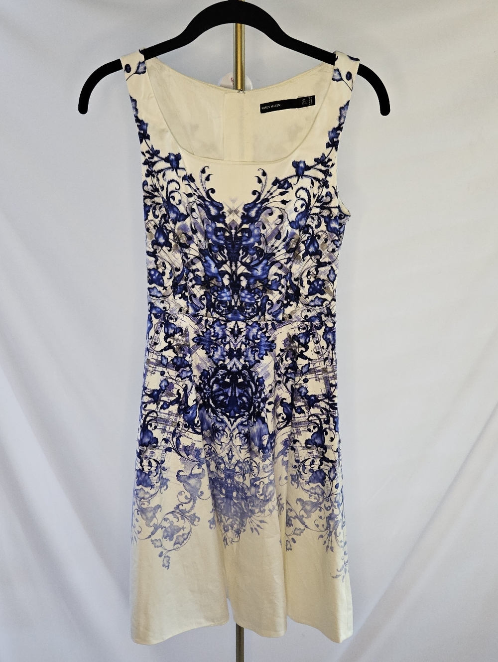 Karen Millen Blue & White Porcelain Floral Baroque Placement Print A-Line Dress